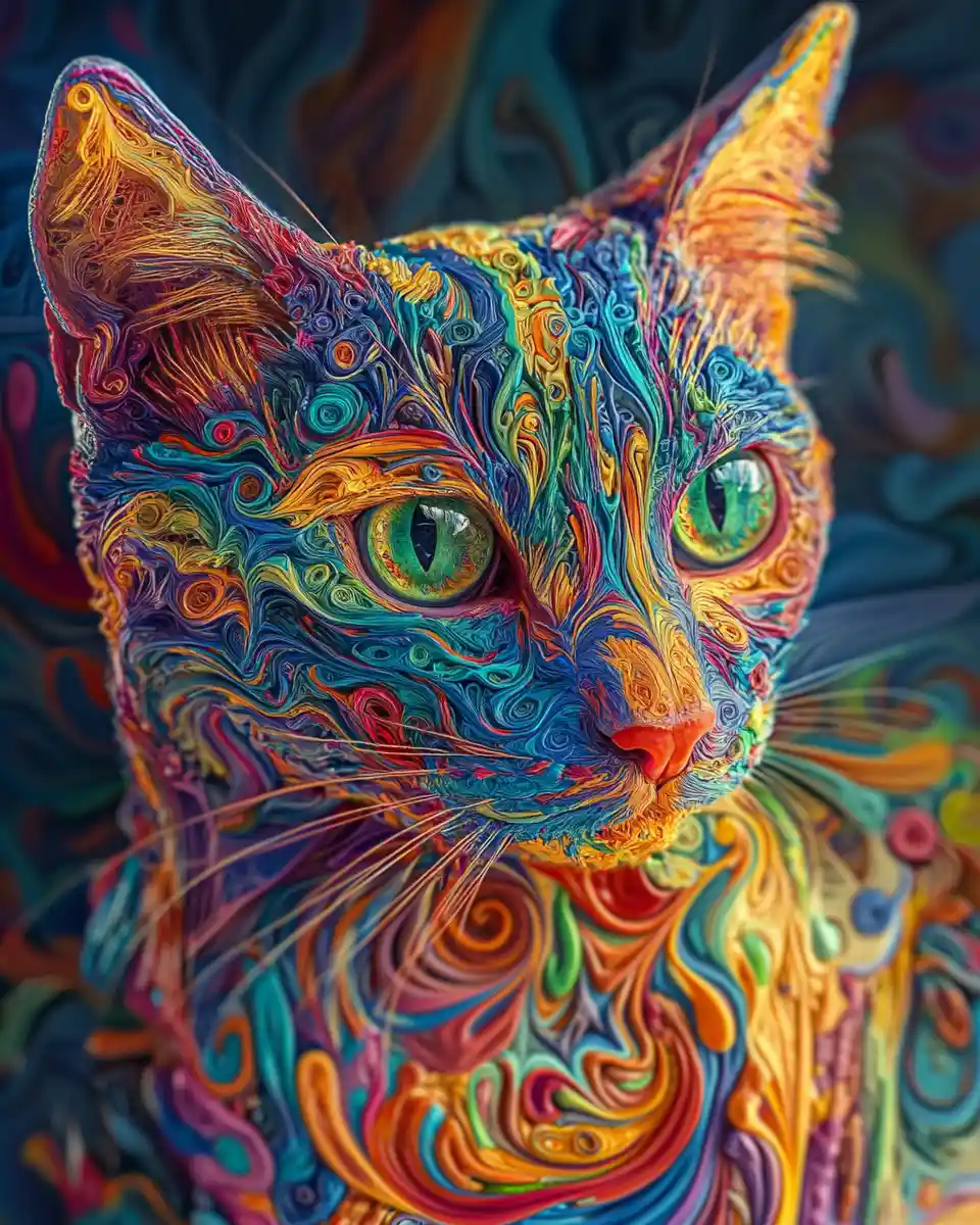 Vivid 3D cat art bursting with intense emotion