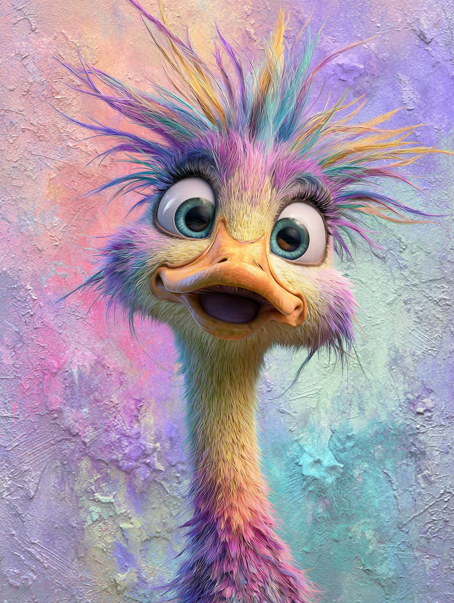 Gestresste Regenbogen-Ente vor weichem pastellfarbenem Stuck-Hintergrund