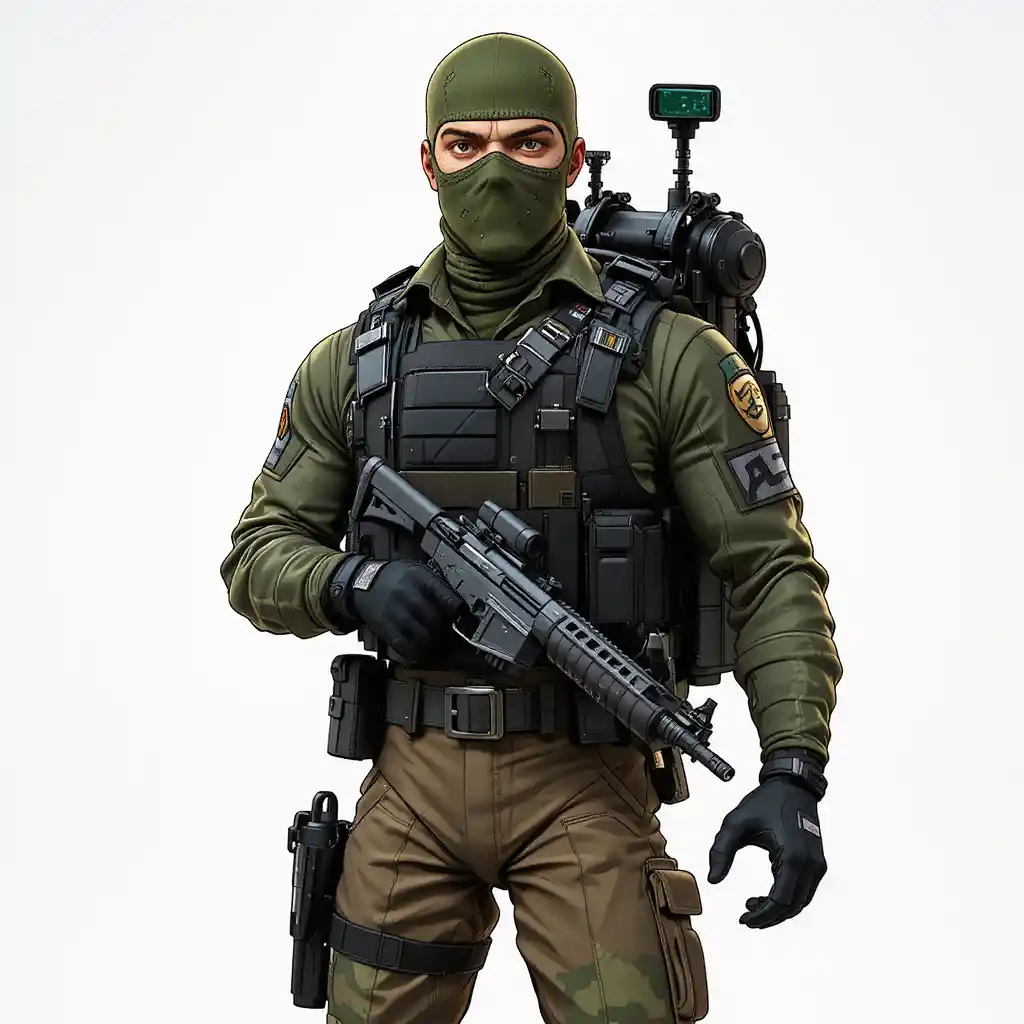 Soldado em desenho animado com balaclava verde e equipamento tático