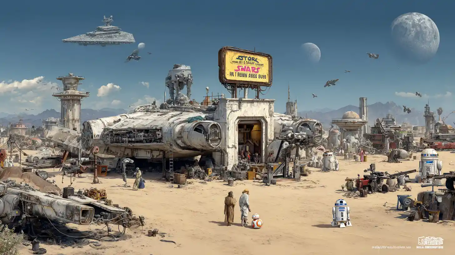 Ferro-velho de Naves Espaciais em um Planeta Desértico com Jawas