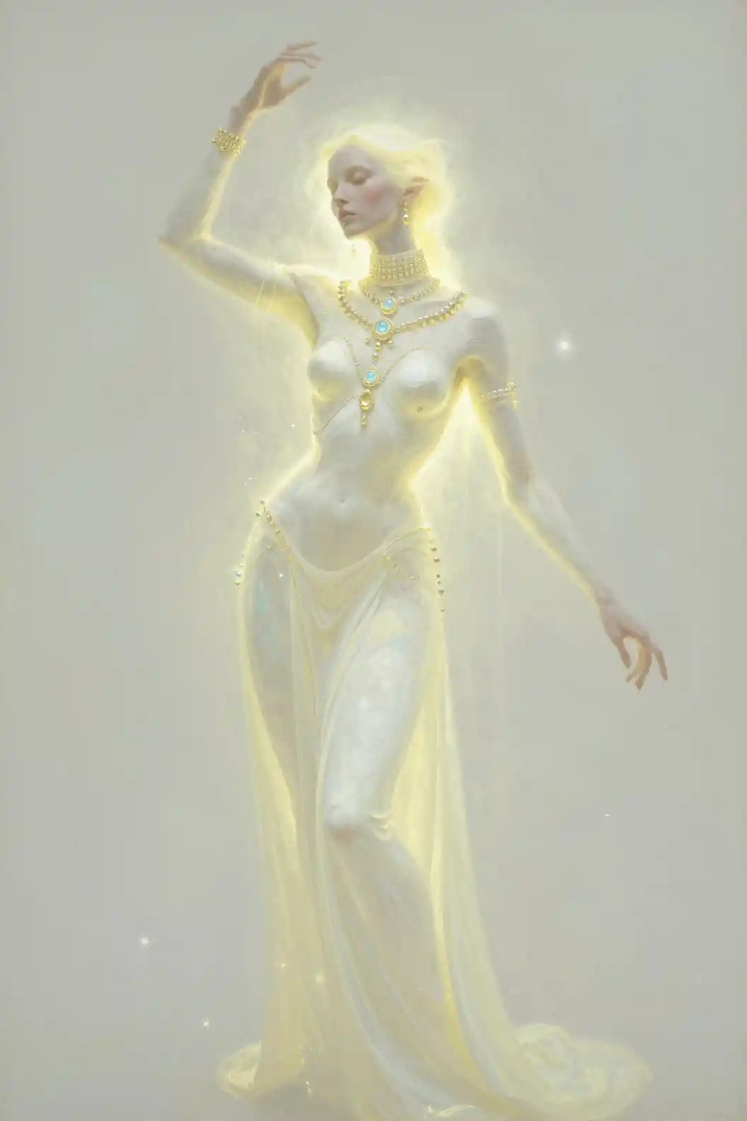 Surreal portrait of an alien woman in glowing starlight tunic