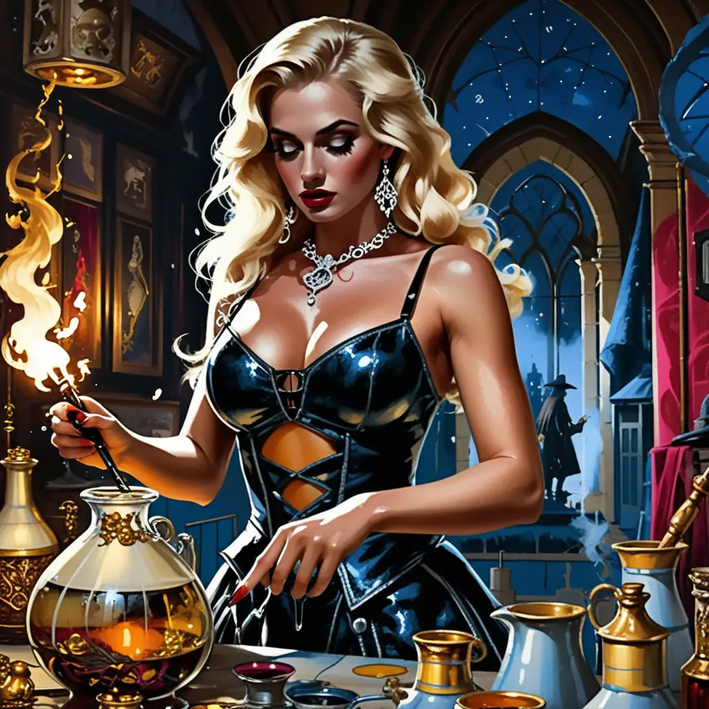 Blonde Hexe braut Tränke in einem farbenfrohen mittelalterlichen Magieladen