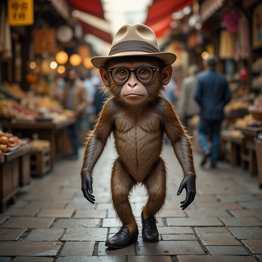 おしゃれなサルがにぎやかなストリートマーケットを歩く