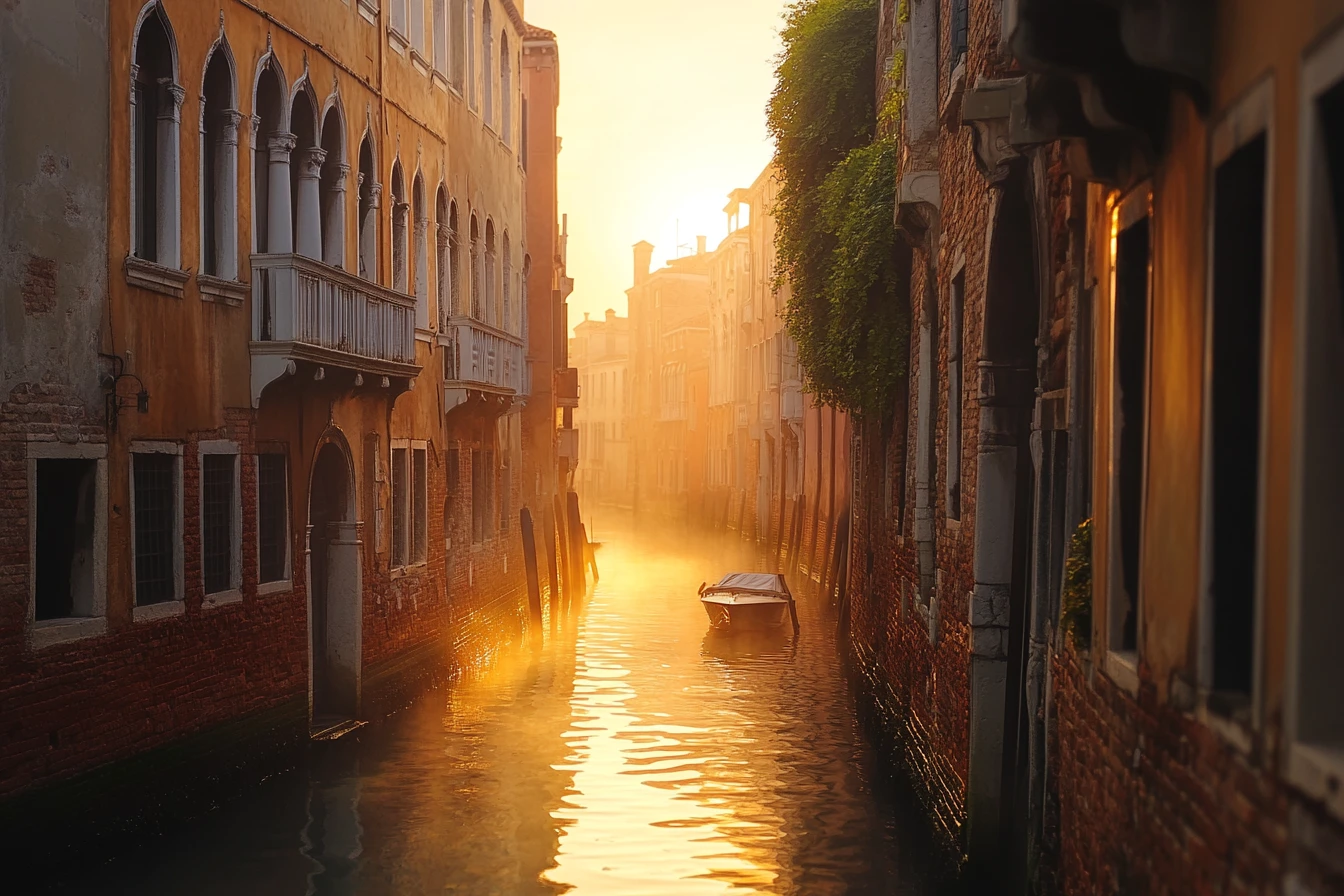 Venezianischer Kanal leuchtet im goldenen Sonnenuntergangsnebel