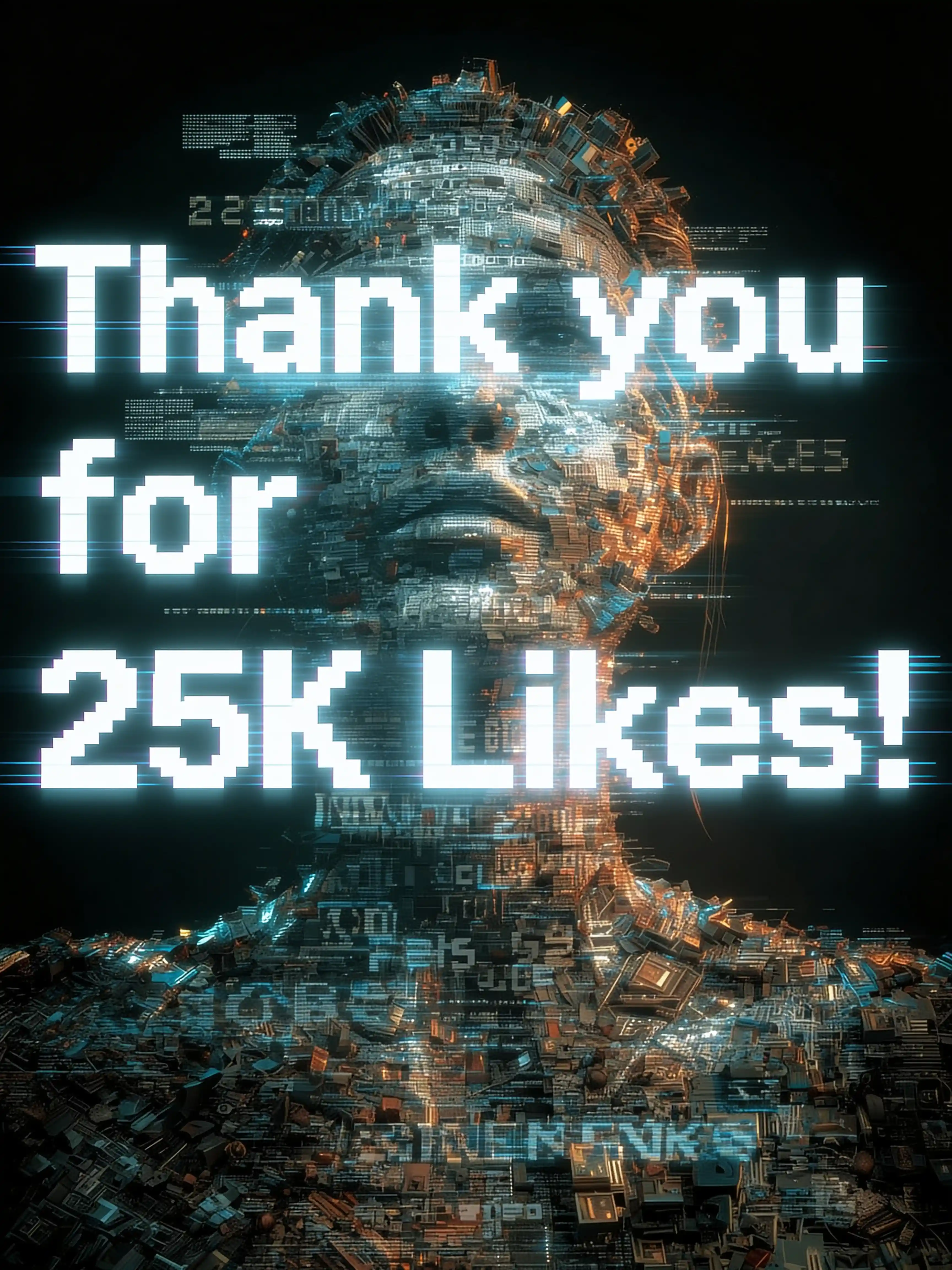 Tipografía glitch que dice gracias por 25K likes