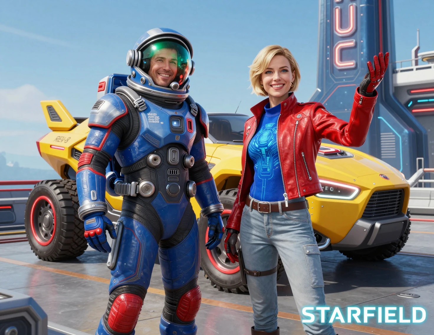 Astronaute et femme posant sur une plateforme futuriste en rooftop