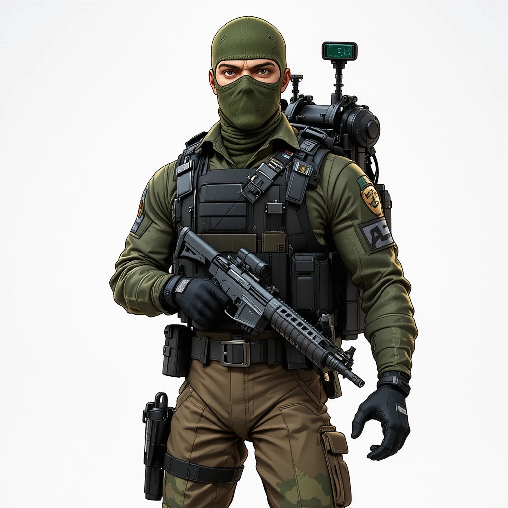 Soldado em desenho animado com balaclava verde e equipamento tático