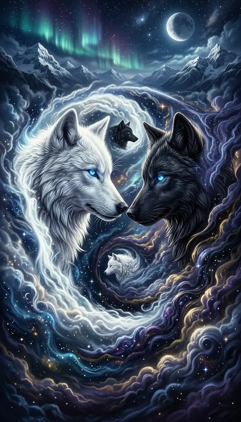 White and black wolves in mystical yin yang balance