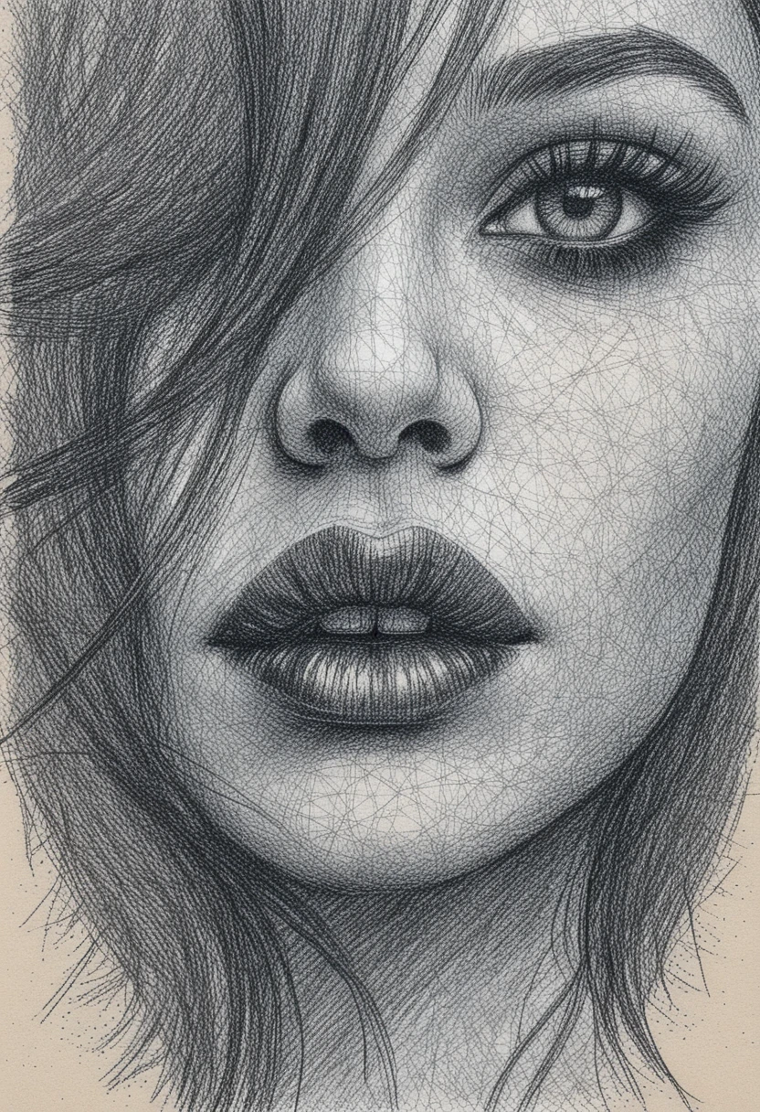 Close up drawing of a woman with blue eye and red lips