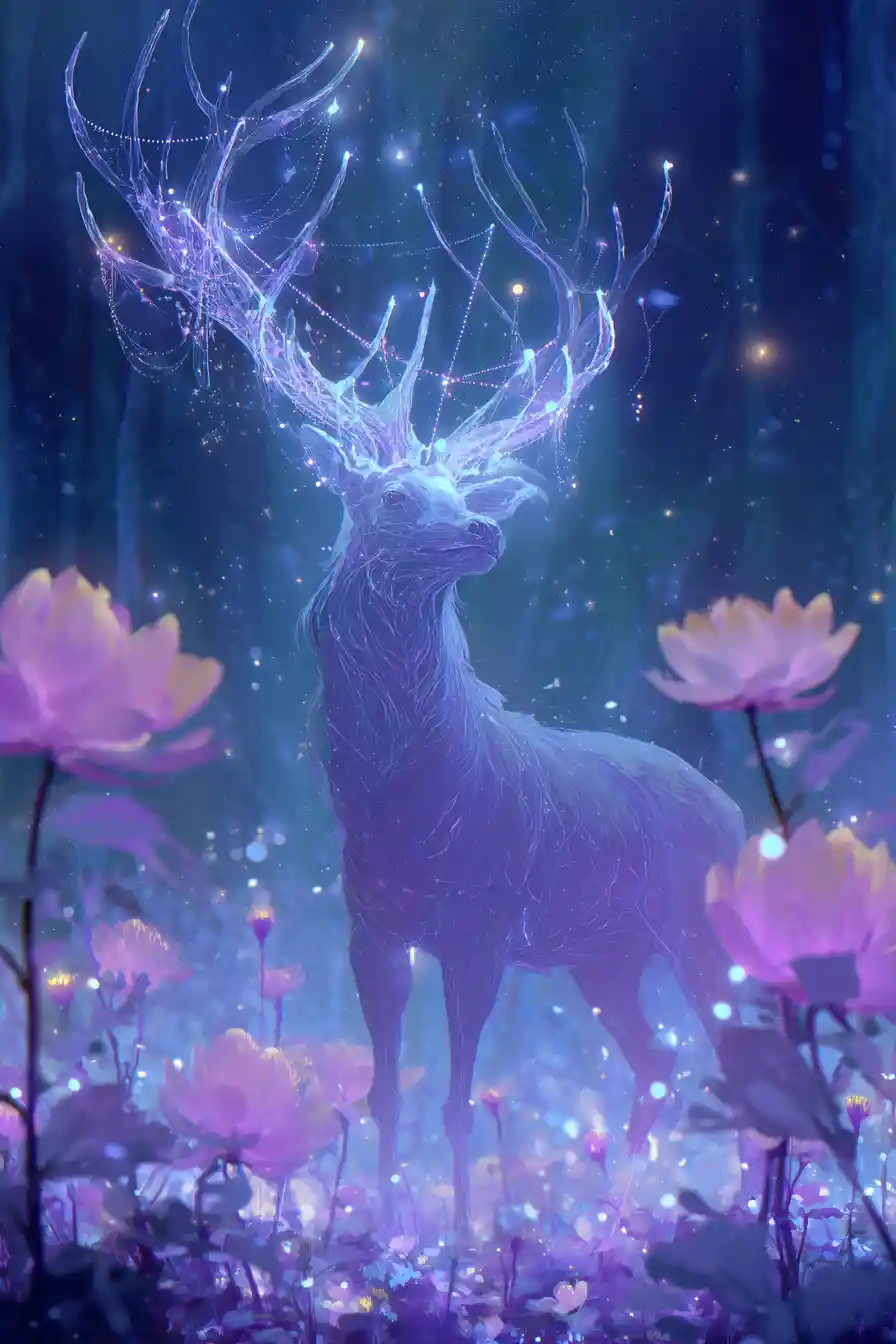 Cervo majestoso em uma floresta fantasiosa surreal e luminosa