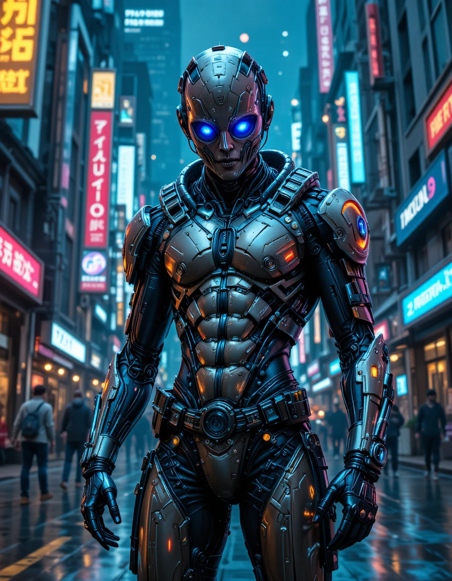 Homem ciborgue cyberpunk posando em uma cidade futurista de néon