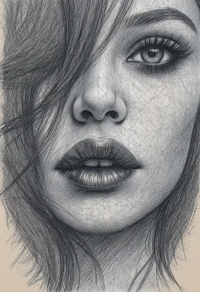 Desenho em close de uma mulher com olho azul e lábios vermelhos