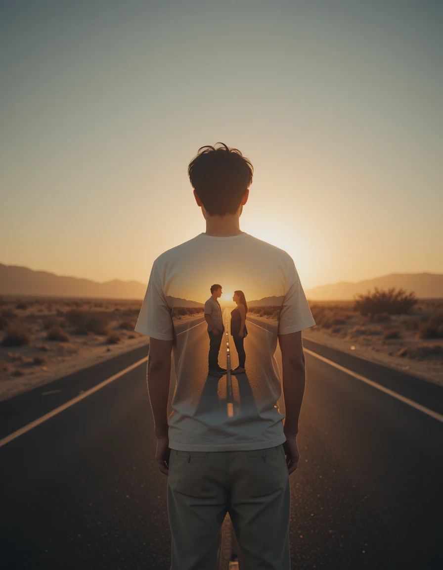 Giovane uomo su un'autostrada nel deserto al tramonto dorato in controluce