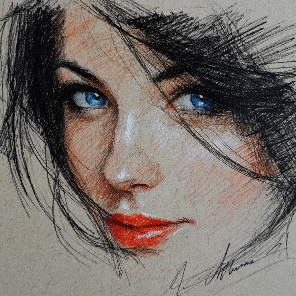 Color pencil close up portrait of a woman on paper