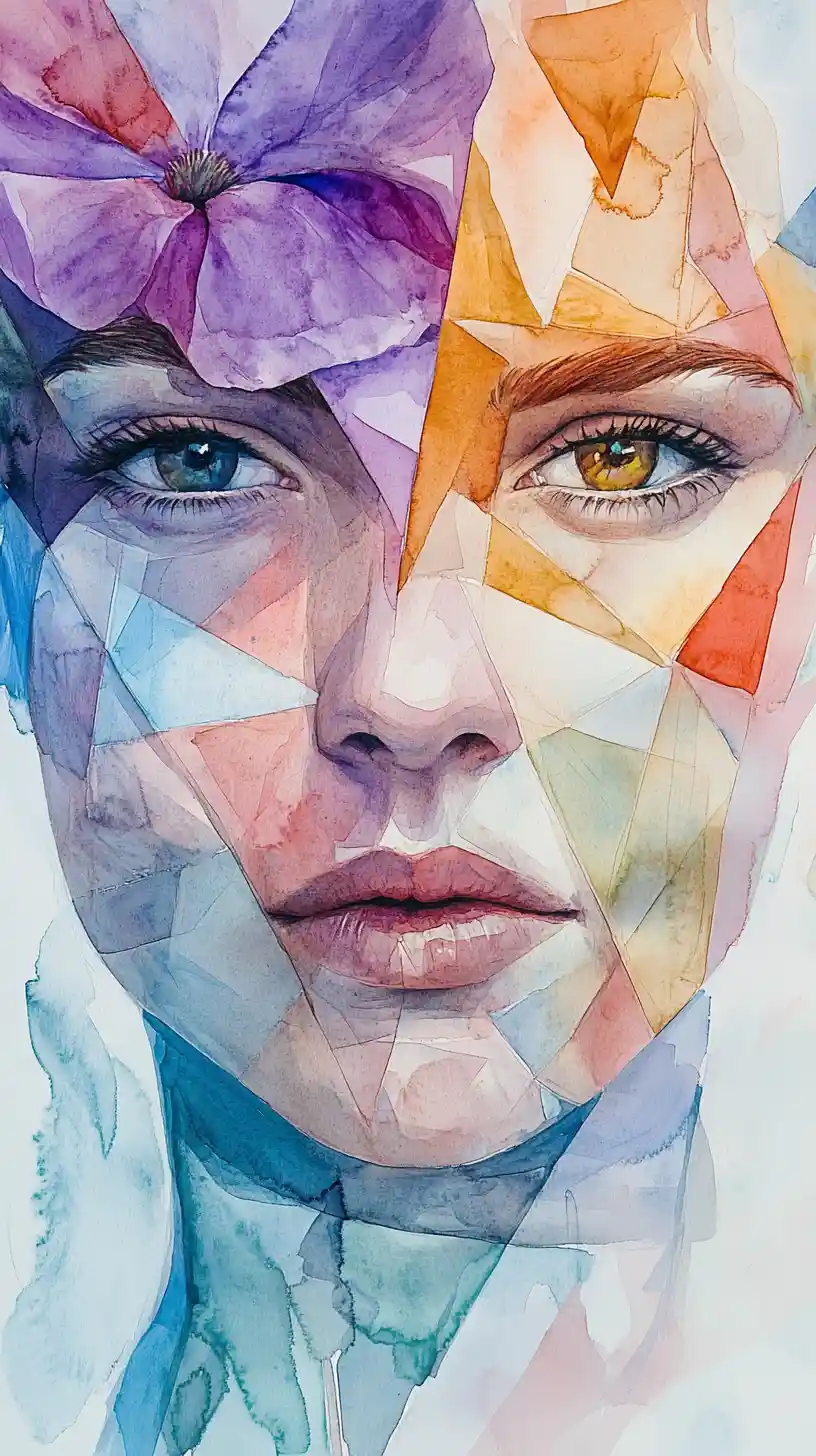 Portrait mixed media d’une femme sereine avec fleur de pavot