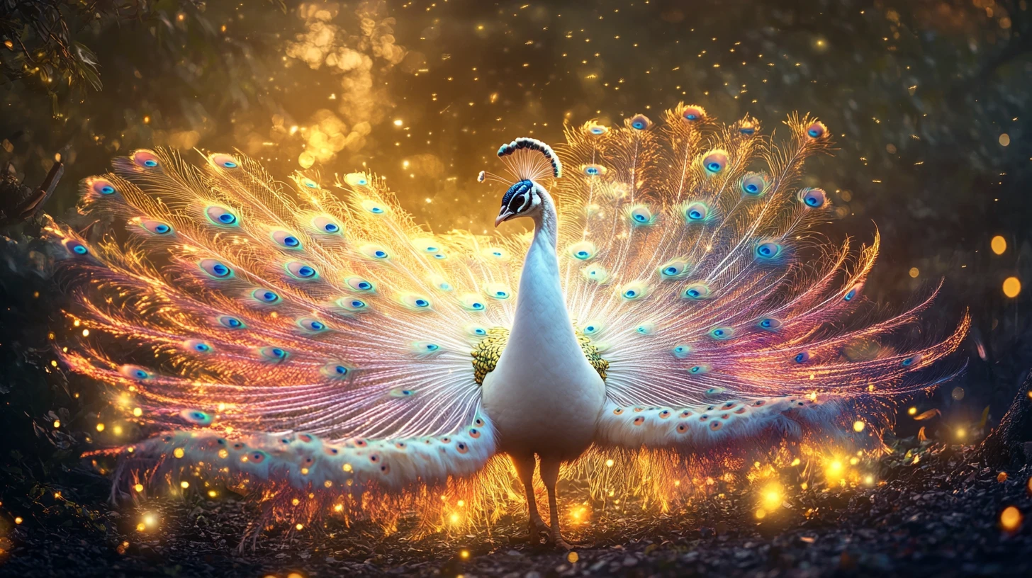 Pavão branco dançando em um jardim encantado de vaga-lumes