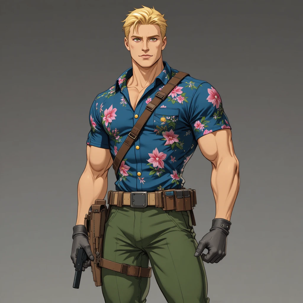 Sergent blond d’anime en chemise hawaïenne fleurie et pantalon vert