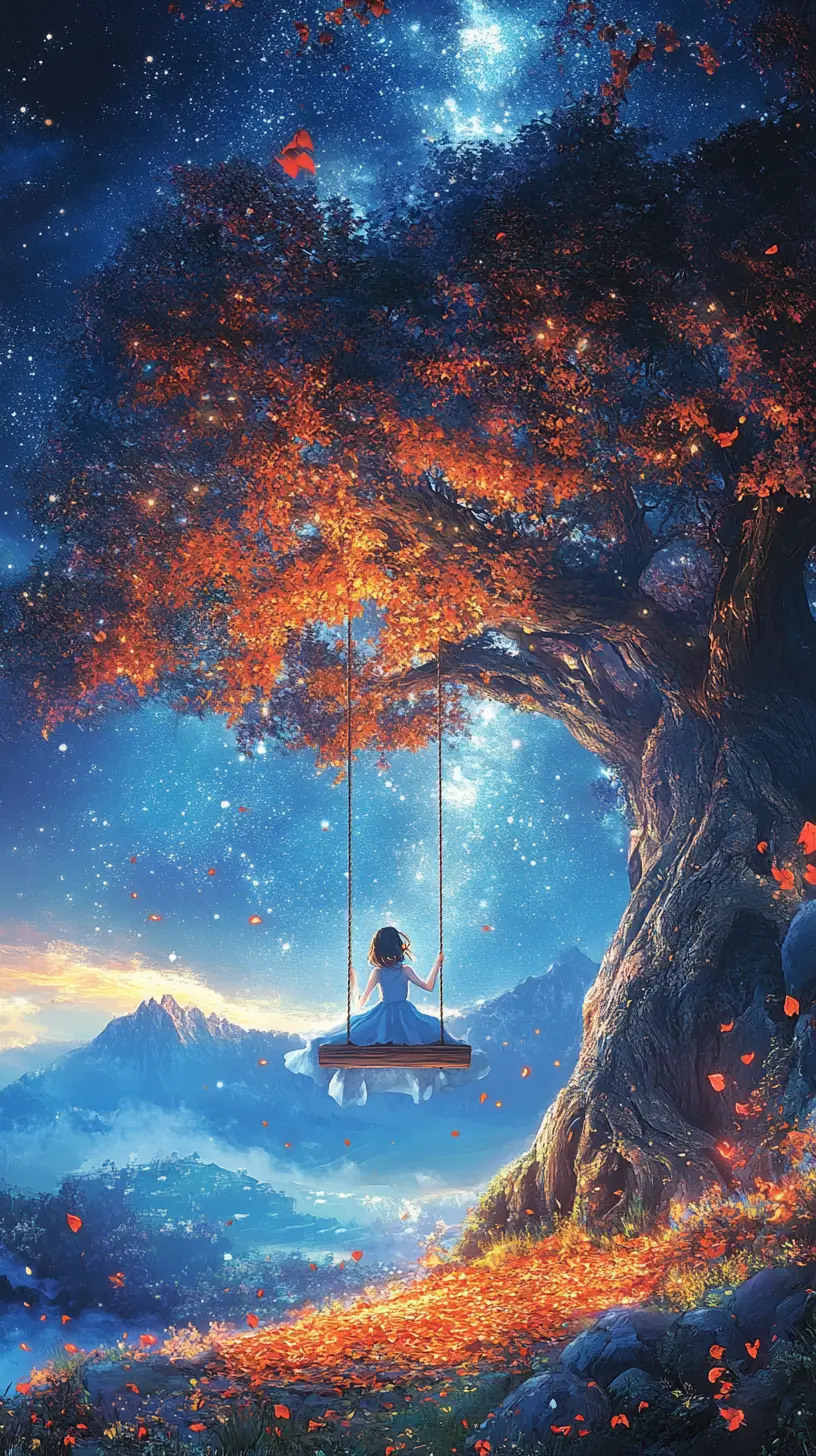 Chica en un columpio de árbol sobre un valle nocturno brumoso