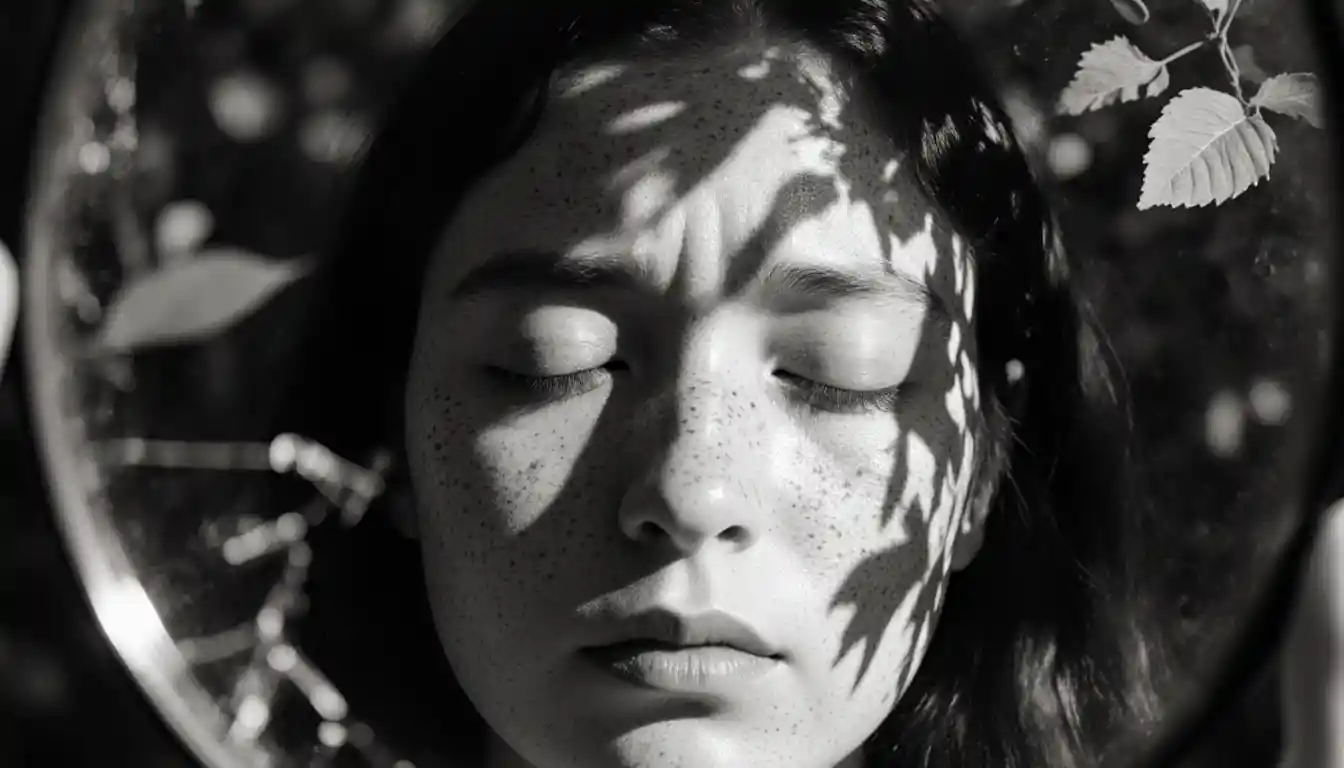 Black and white portrait of a woman in a cracked mirror