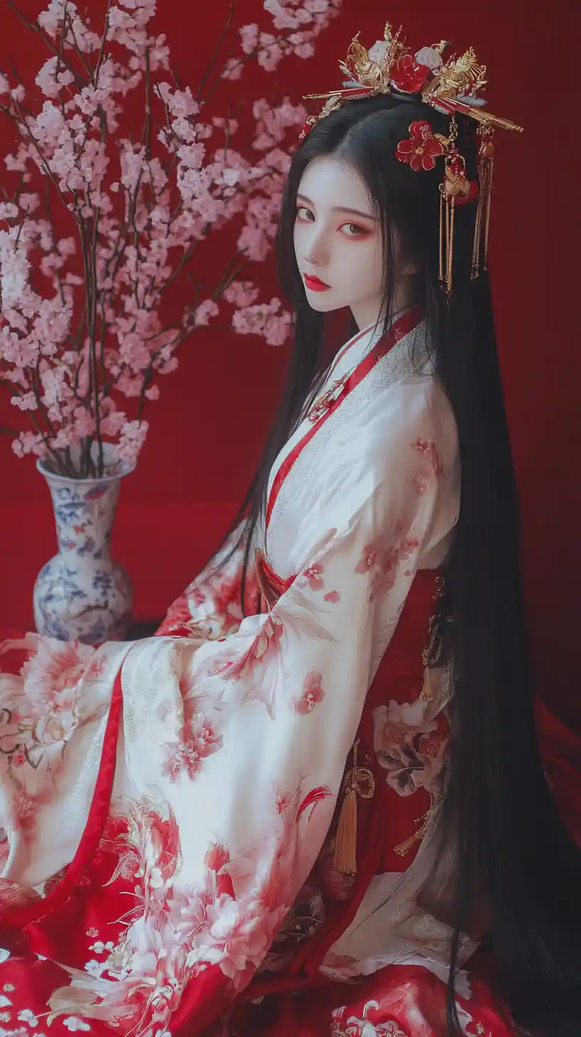 East Asian woman in red silk robe with cherry blossoms