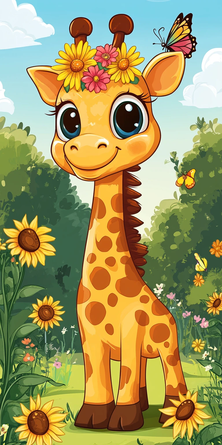 Adorável filhote de girafa em um prado ensolarado com girassóis