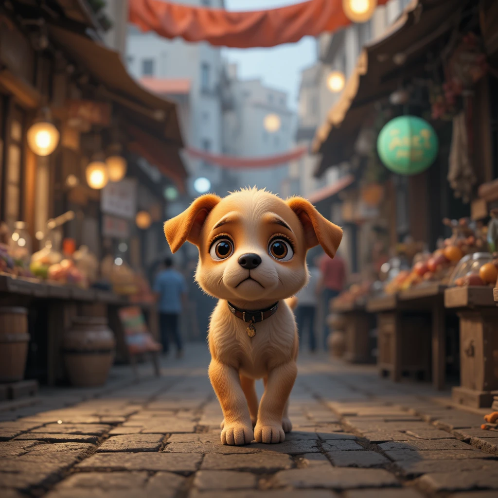 Petit chiot solitaire marchant dans un marché de rue silencieux