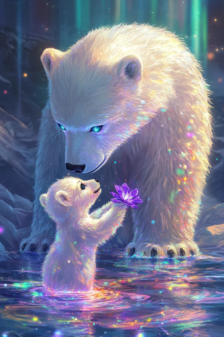 Urso polar surreal com padrões luminosos em luz onírica