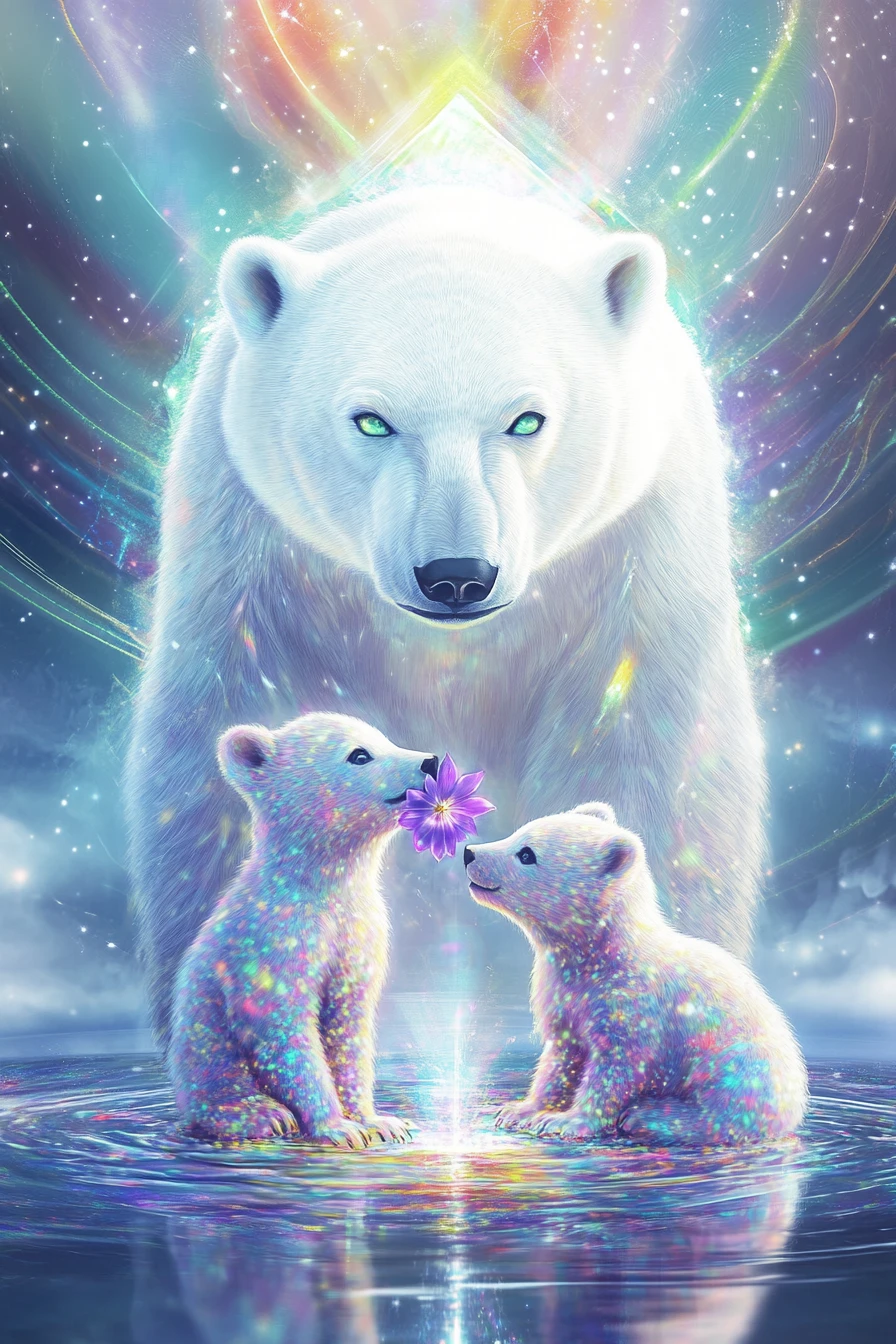 Urso-Polar Surreal com Filhote em Plataforma de Cristal Flutuante