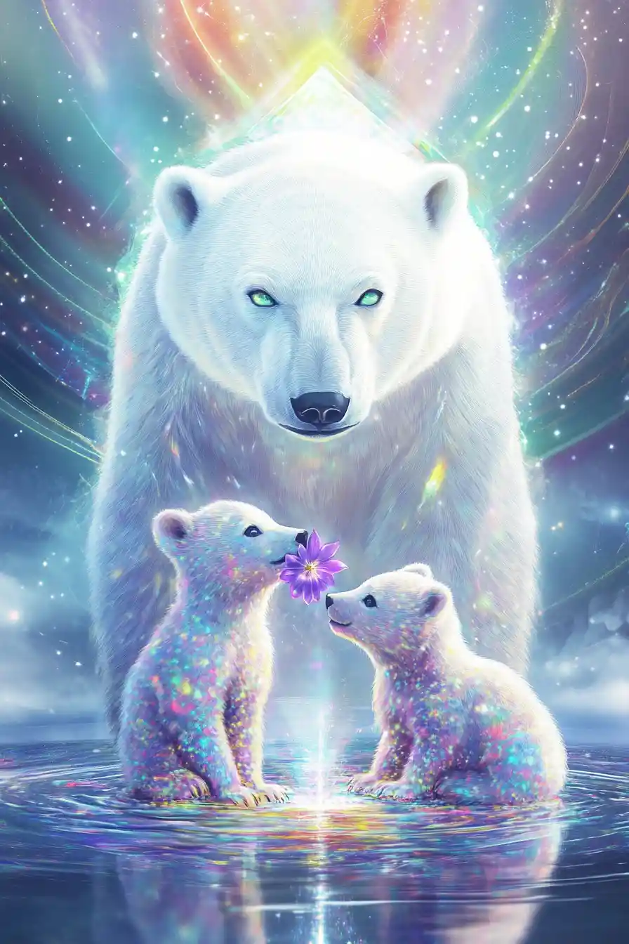 Surrealer Eisbär mit Jungtier auf schwebender Kristallplattform