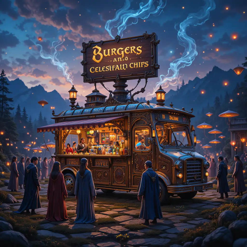 Food truck magico che serve burger incantati al crepuscolo