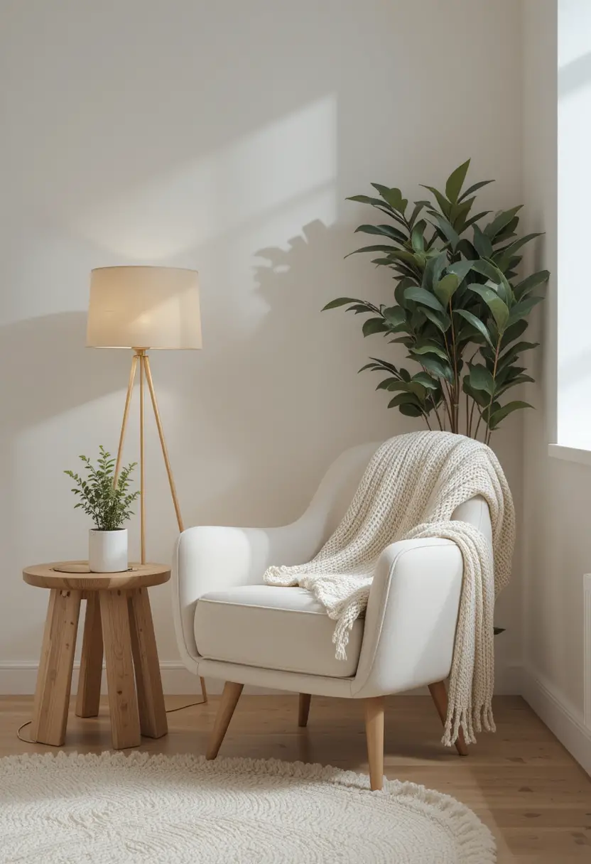 Cozy Scandinavian living room with armchair and plants