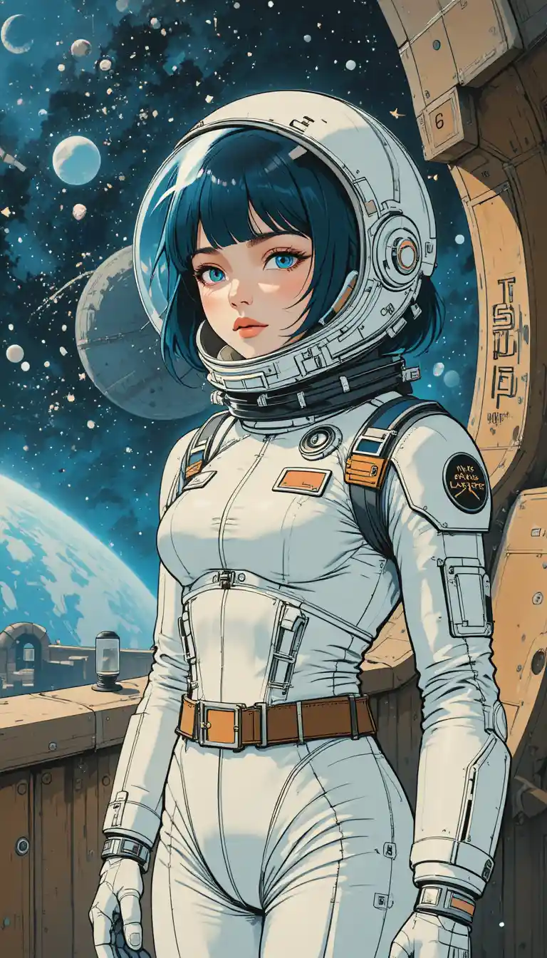 Anime girl in retro spacesuit on wooden spaceship deck