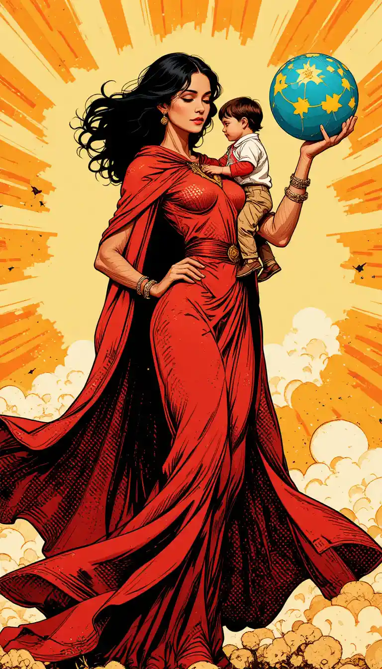 Mother in red cape holding child and balancing globe