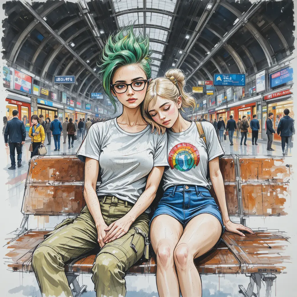 繁忙夜間火車站裡一起休息的兩名女子