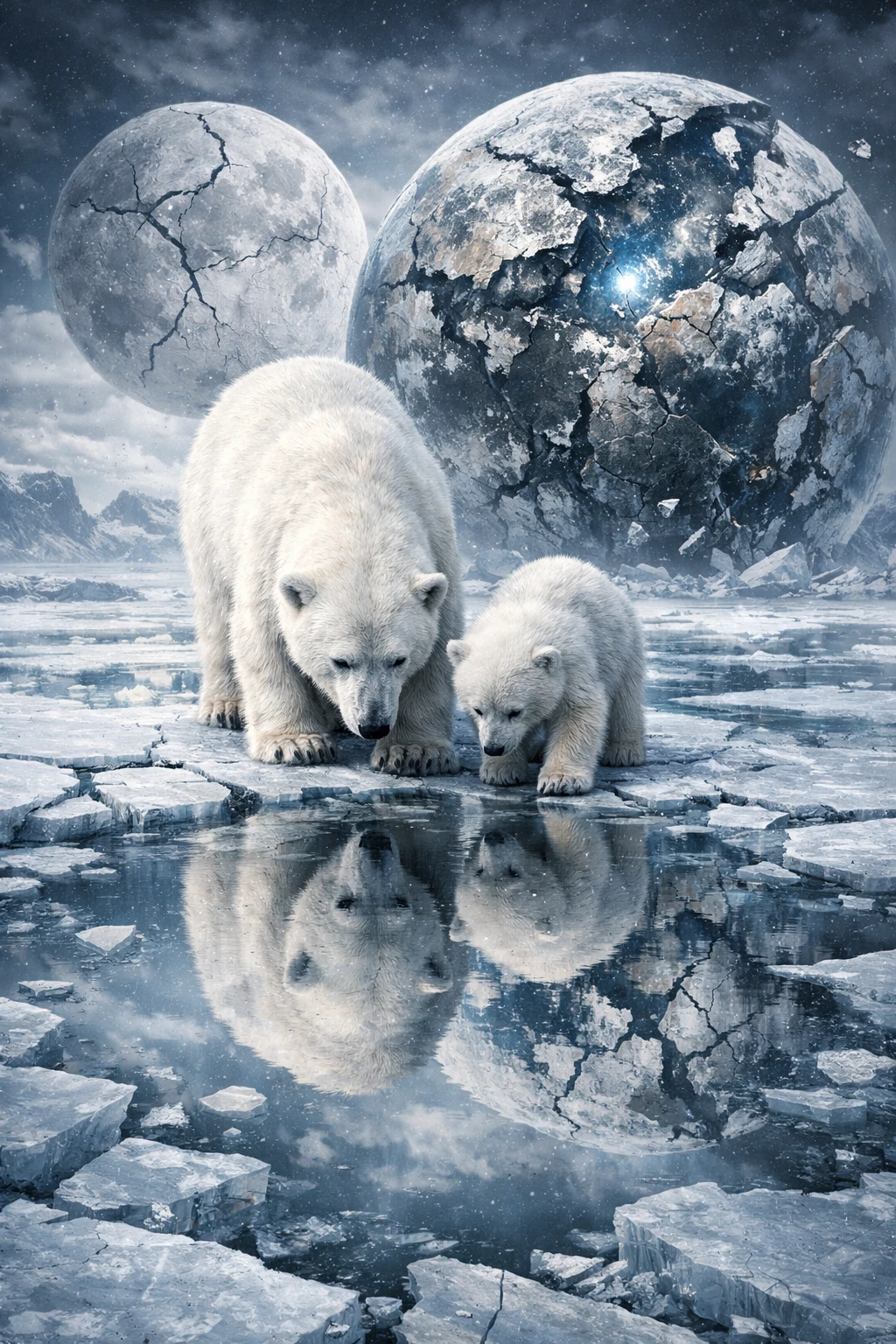 Urso‑polar e filhote no gelo rachado sob mundos quebrados