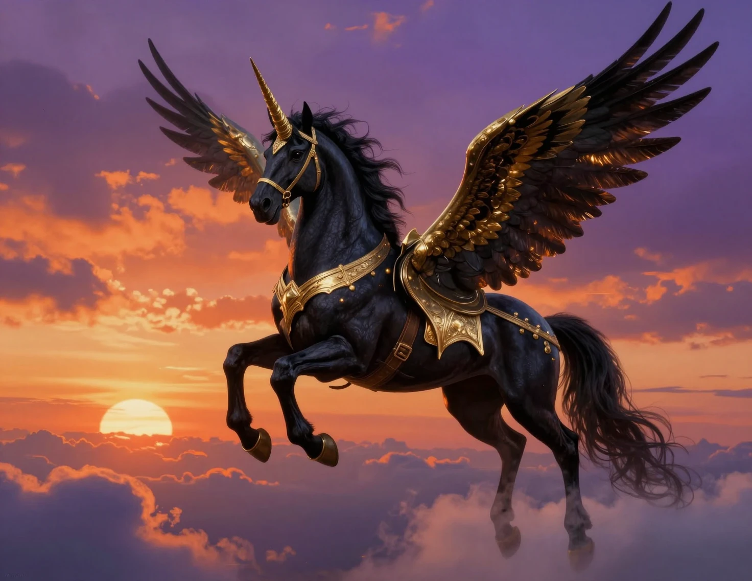 Unicorno nero con ali di fenice che solca il cielo al tramonto