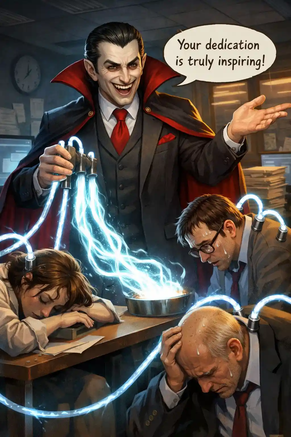 Gerente corporativo vampiro que drena la energía de empleados cansados
