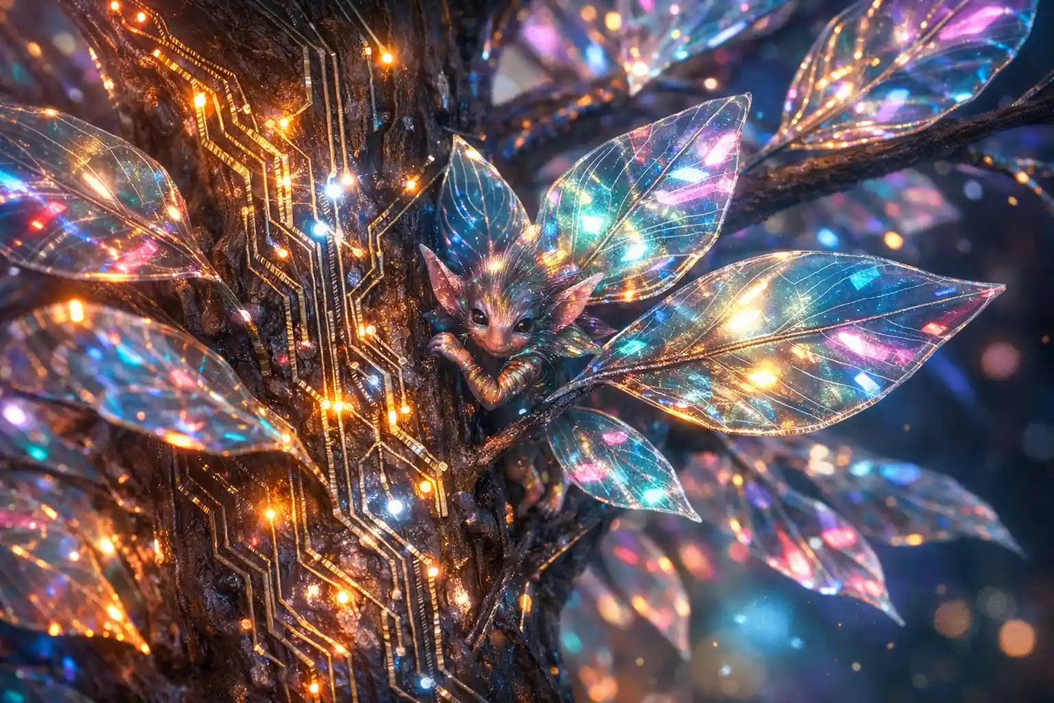 Macro view of a glass leaf tree with hidden imp