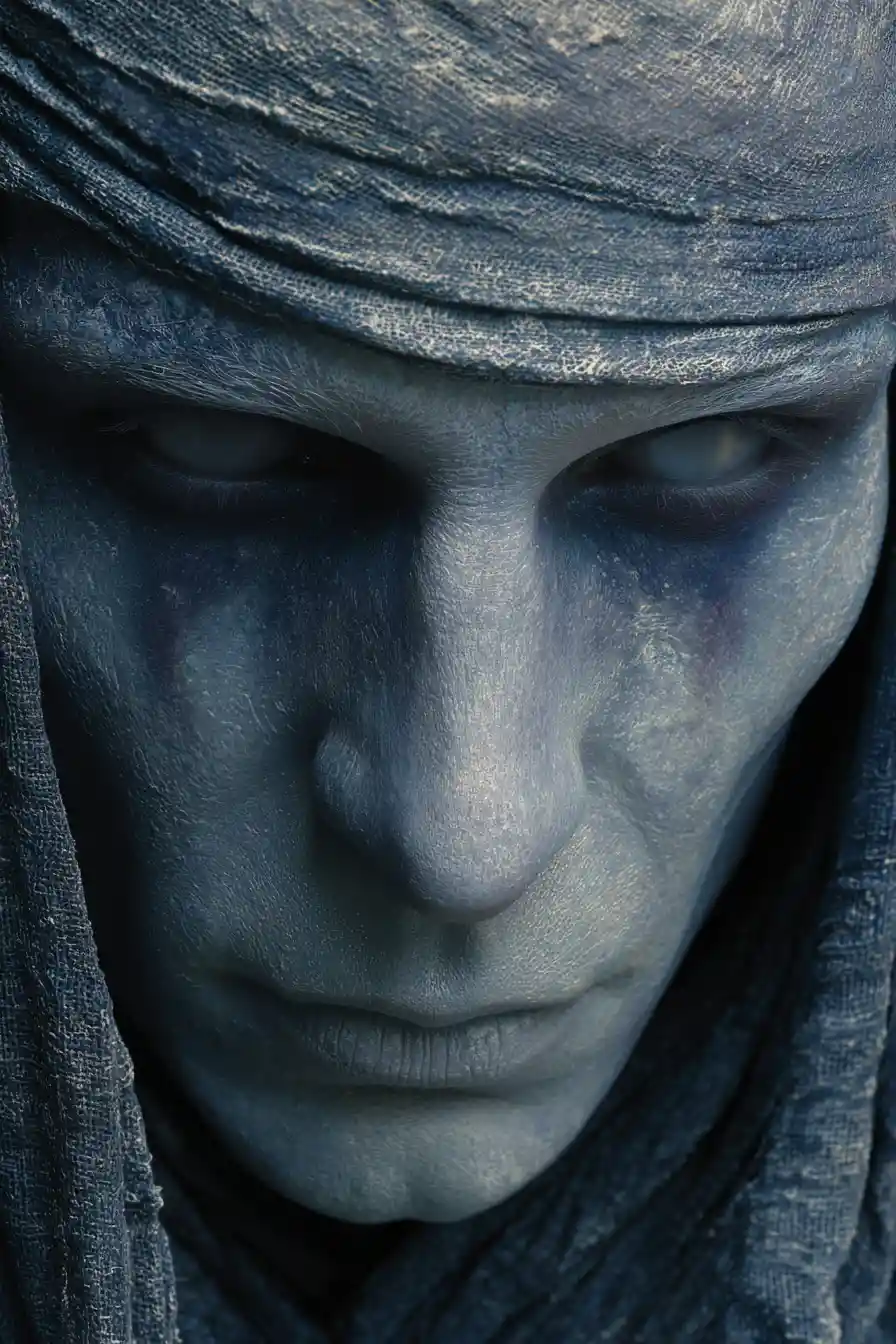 Femme aux yeux blancs en robes tachées de cendres émergeant de l’ombre