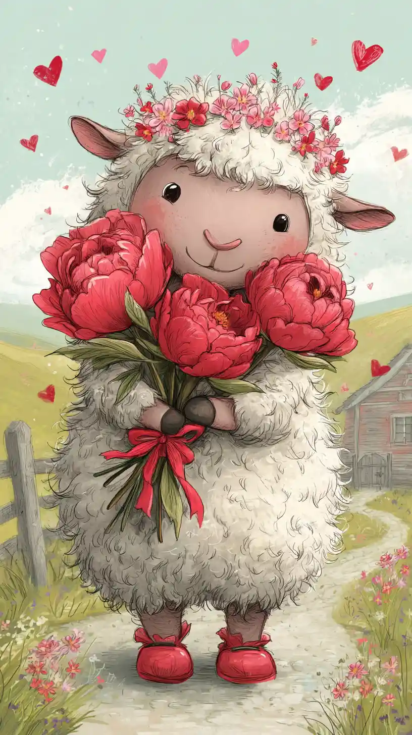 Cute sheep with red peonies in a sunny countryside