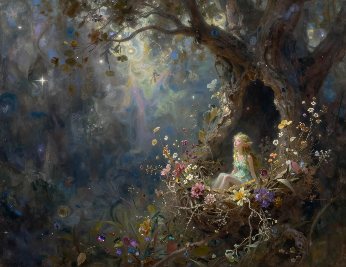 Tiny fae dryad in a nest of dry flowers inside a tree