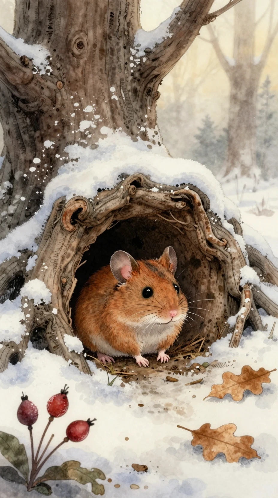 Waldmaus, die aus einem verschneiten Wurzelbau späht