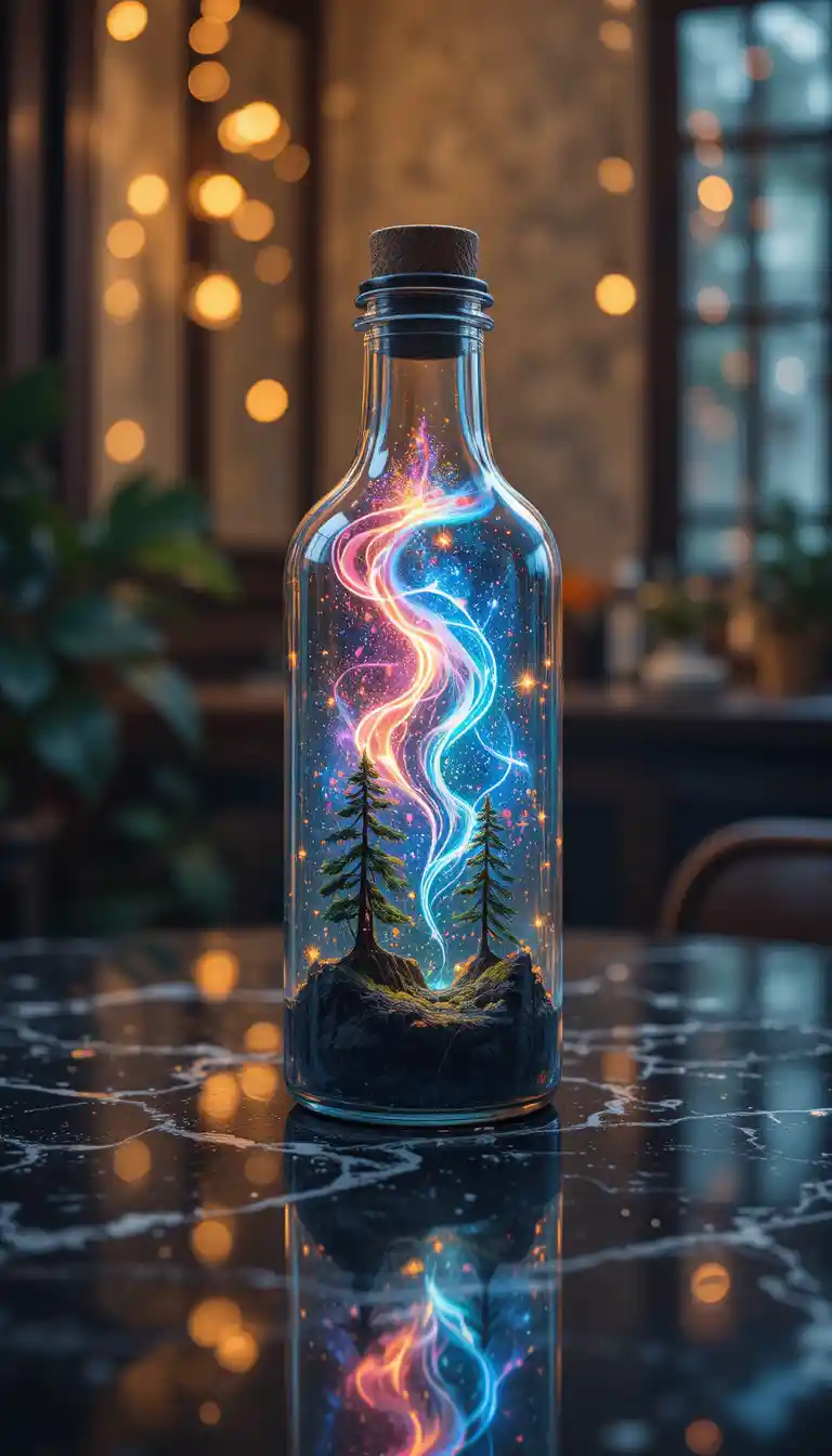 Bottiglia in stile anime che regge una nebulosa al neon sopra il marmo scuro
