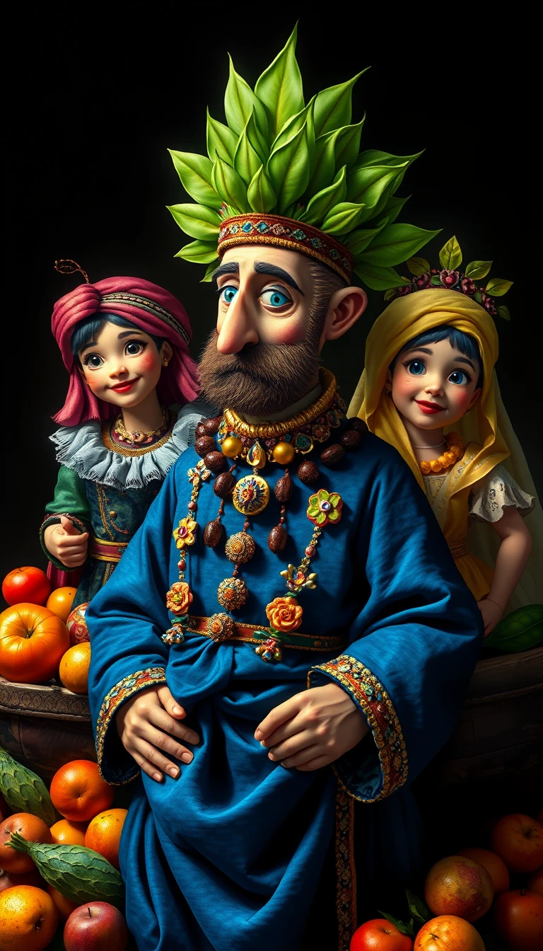 Abstract royal figure in blue and gold with lush fruits