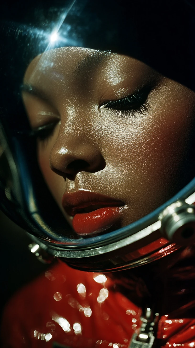 Donna in tuta spaziale rossa che digita su un computer retrò