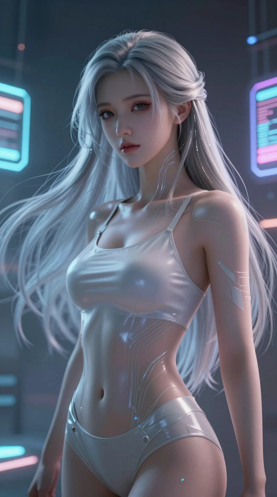 Ritratto di donna androide futuristica in un interno di città al neon