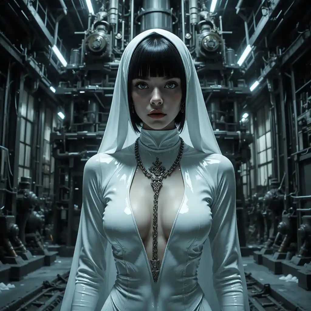 Cyberpunk Nun In White Latex Before Industrial Machine