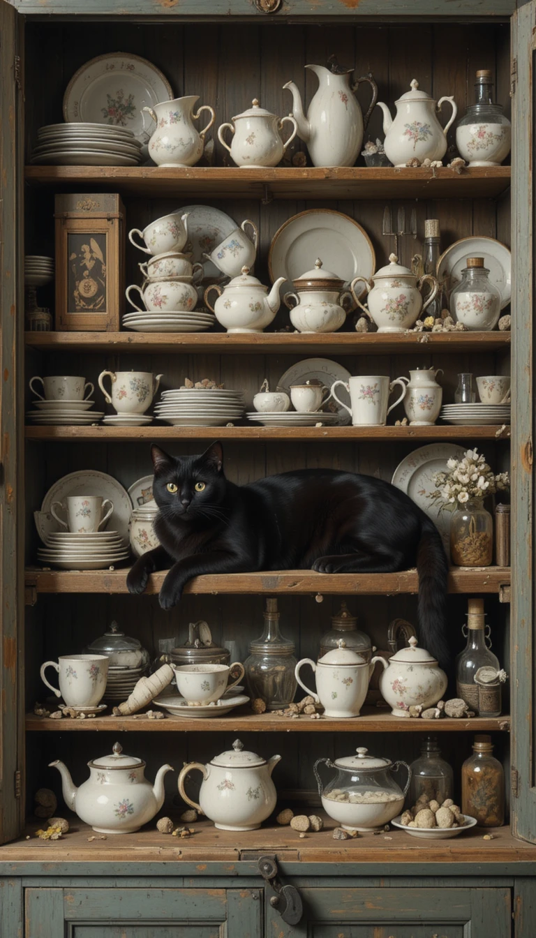 Gato preto deitado na prateleira de um armário de cozinha vintage