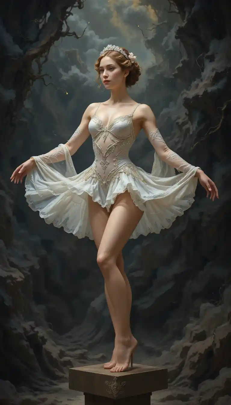 European gymnast posing on balance beam in dramatic light