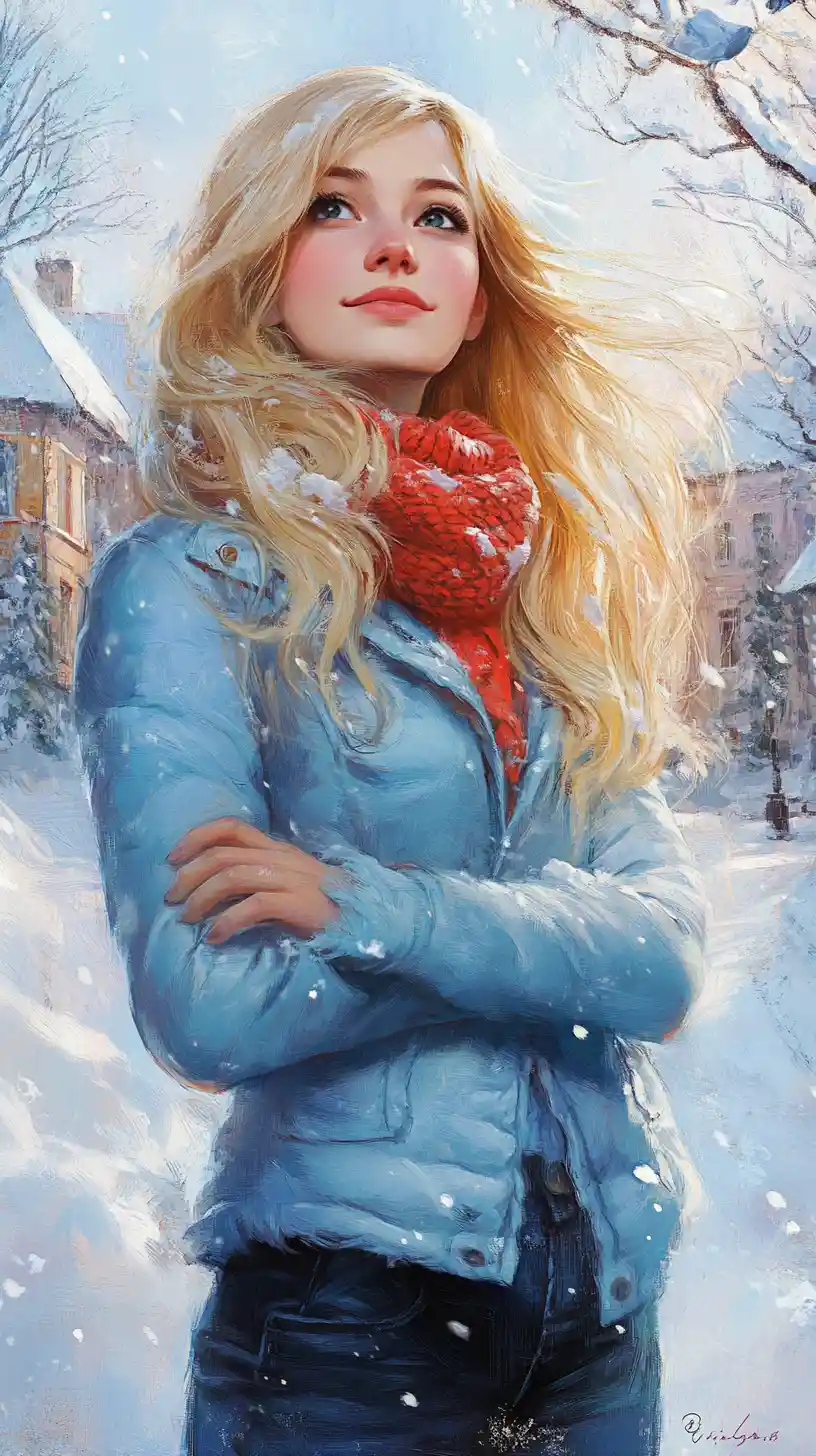 Smiling girl in blue coat in a snowy rustic village